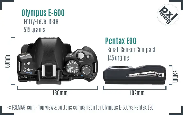 Olympus E-600 vs Pentax E90 top view buttons comparison