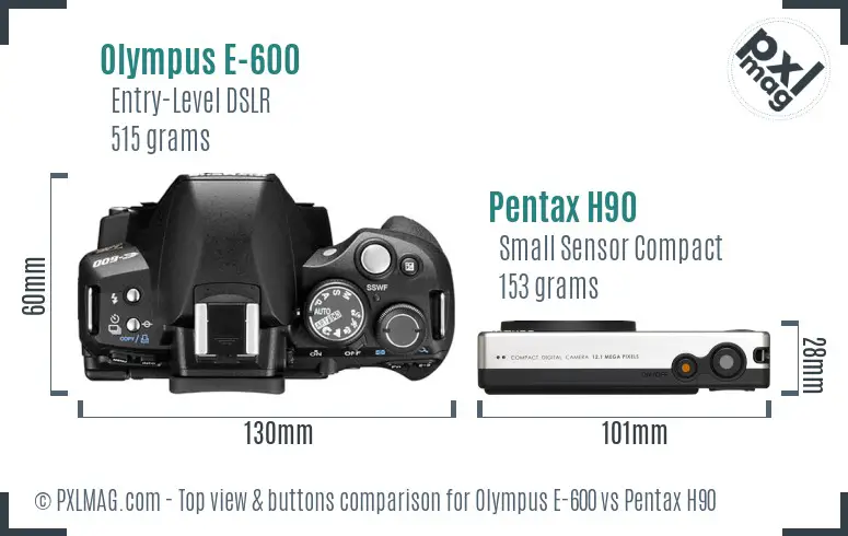 Olympus E-600 vs Pentax H90 top view buttons comparison
