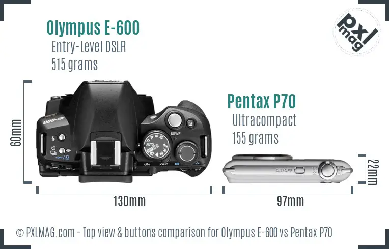 Olympus E-600 vs Pentax P70 top view buttons comparison
