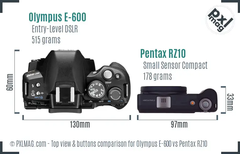 Olympus E-600 vs Pentax RZ10 top view buttons comparison