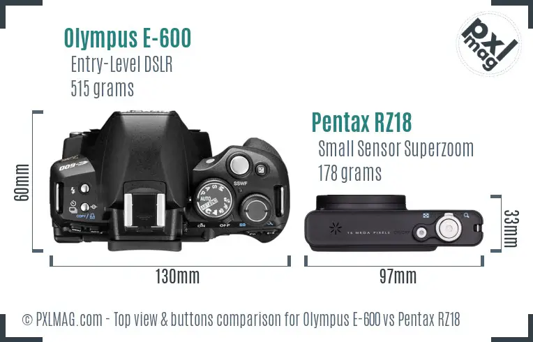 Olympus E-600 vs Pentax RZ18 top view buttons comparison