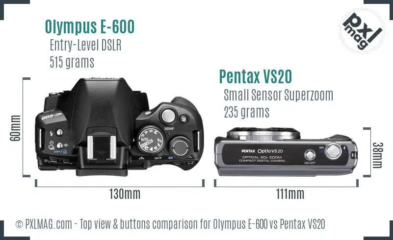 Olympus E-600 vs Pentax VS20 top view buttons comparison