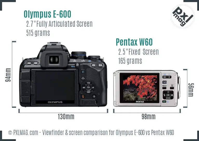 Olympus E-600 vs Pentax W60 Screen and Viewfinder comparison