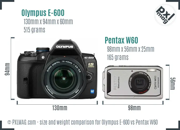 Olympus E-600 vs Pentax W60 size comparison