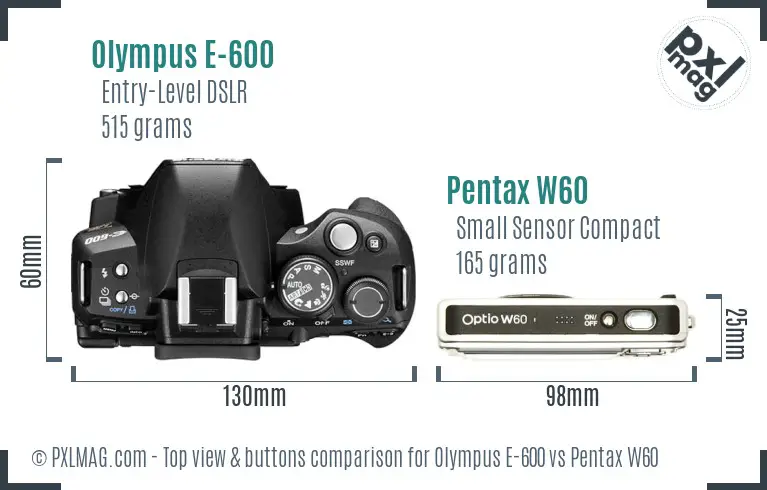 Olympus E-600 vs Pentax W60 top view buttons comparison
