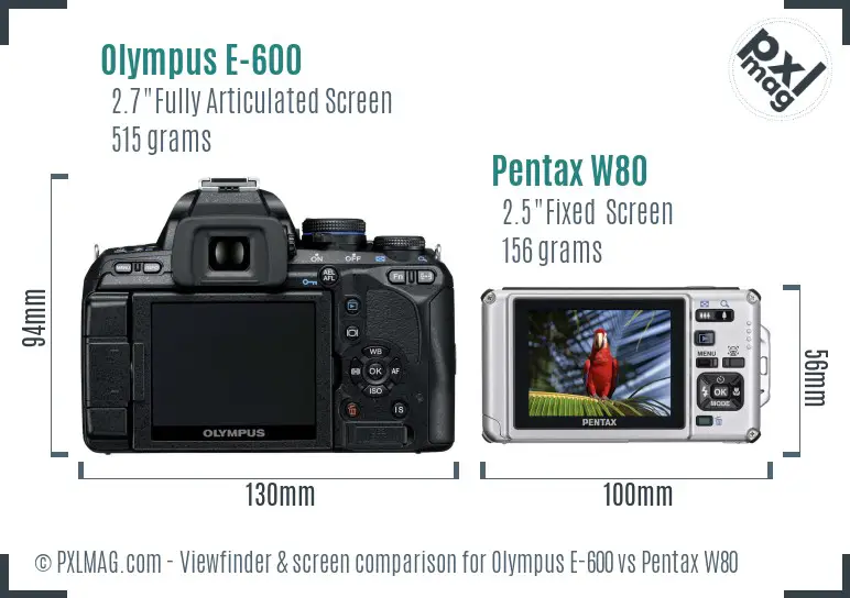 Olympus E-600 vs Pentax W80 Screen and Viewfinder comparison