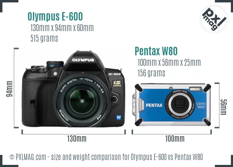 Olympus E-600 vs Pentax W80 size comparison