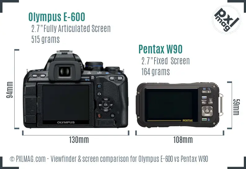 Olympus E-600 vs Pentax W90 Screen and Viewfinder comparison
