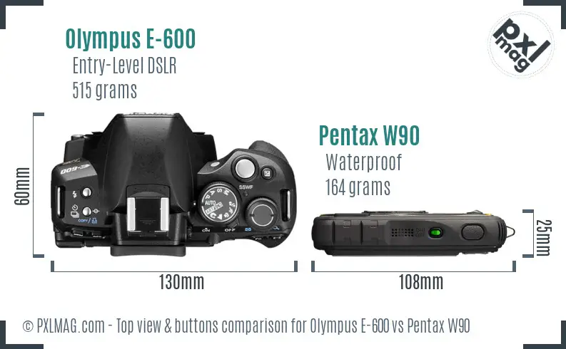 Olympus E-600 vs Pentax W90 top view buttons comparison