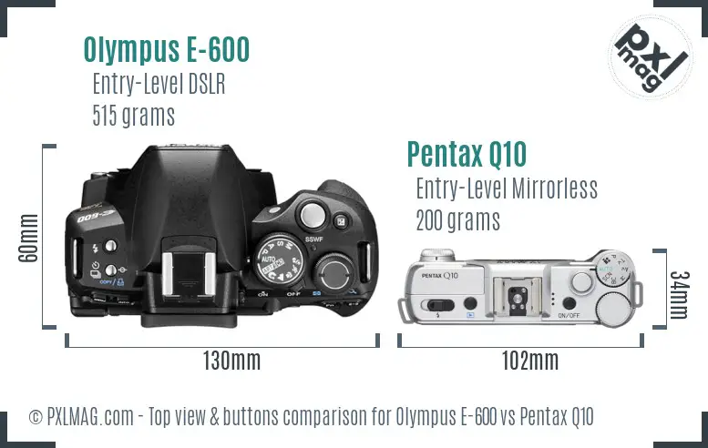 Olympus E-600 vs Pentax Q10 top view buttons comparison