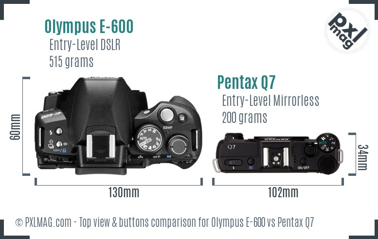 Olympus E-600 vs Pentax Q7 top view buttons comparison
