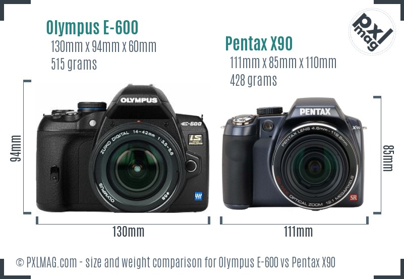 Olympus E-600 vs Pentax X90 size comparison