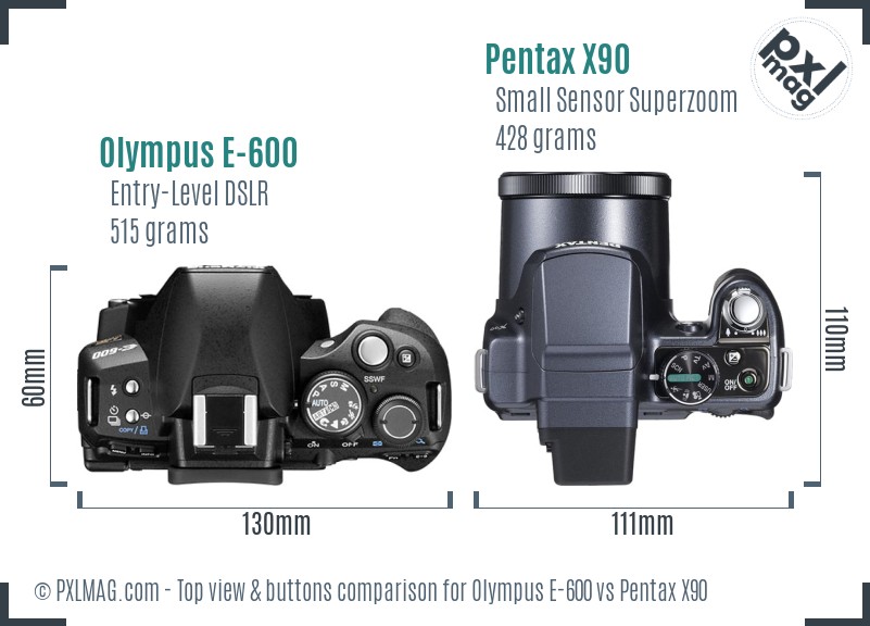 Olympus E-600 vs Pentax X90 top view buttons comparison