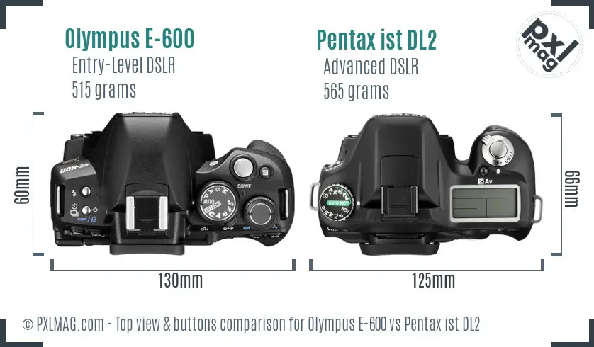 Olympus E-600 vs Pentax ist DL2 top view buttons comparison