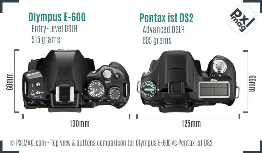 Olympus E-600 vs Pentax ist DS2 top view buttons comparison