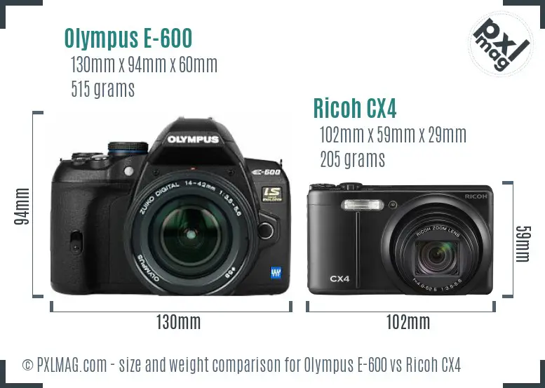 Olympus E-600 vs Ricoh CX4 size comparison