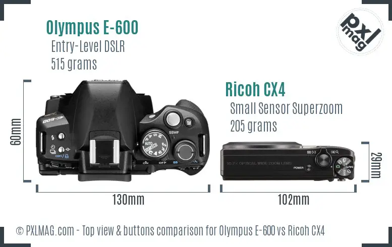 Olympus E-600 vs Ricoh CX4 top view buttons comparison