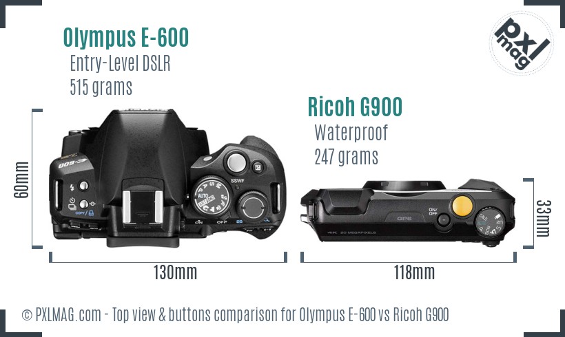 Olympus E-600 vs Ricoh G900 top view buttons comparison