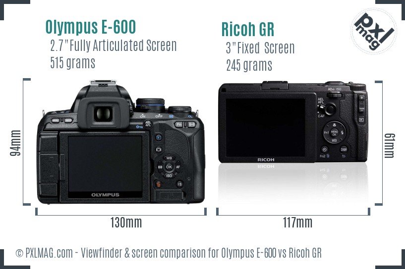 Olympus E-600 vs Ricoh GR Screen and Viewfinder comparison