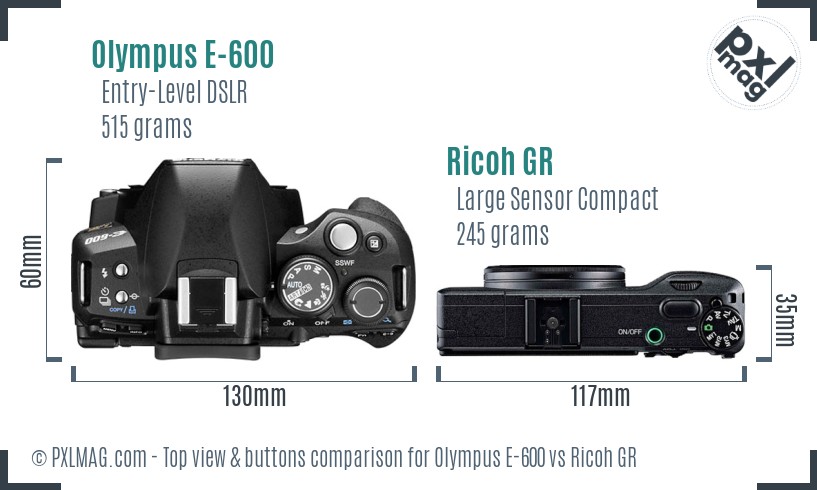 Olympus E-600 vs Ricoh GR top view buttons comparison
