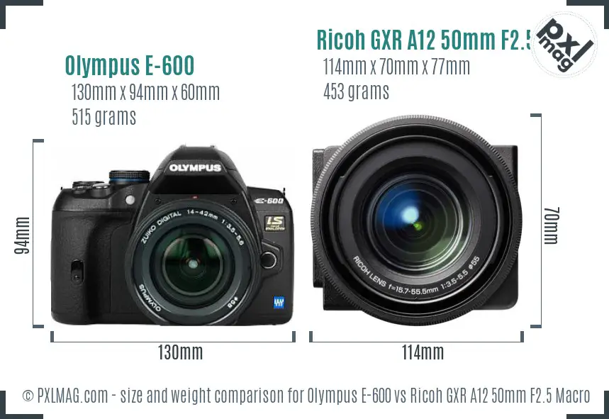 Olympus E-600 vs Ricoh GXR A12 50mm F2.5 Macro size comparison