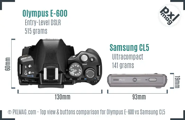 Olympus E-600 vs Samsung CL5 top view buttons comparison
