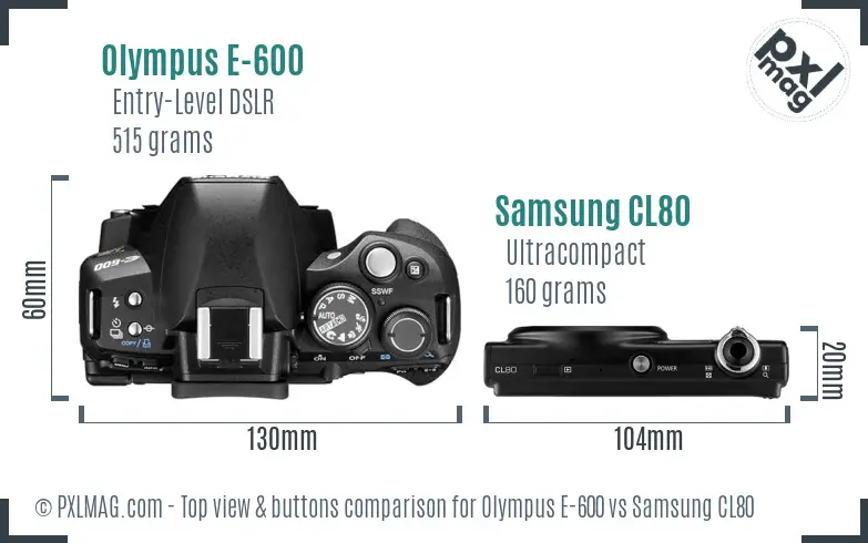 Olympus E-600 vs Samsung CL80 top view buttons comparison Olympus E-600 vs Samsung CL80 top view buttons comparison