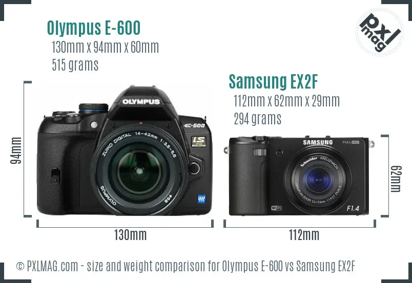 Olympus E-600 vs Samsung EX2F size comparison Olympus E-600 vs Samsung EX2F size comparison