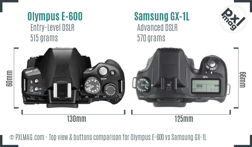 Olympus E-600 vs Samsung GX-1L top view buttons comparison Olympus E-600 vs Samsung GX-1L top view buttons comparison