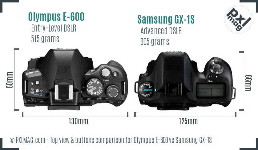 Olympus E-600 vs Samsung GX-1S top view buttons comparison Olympus E-600 vs Samsung GX-1S top view buttons comparison