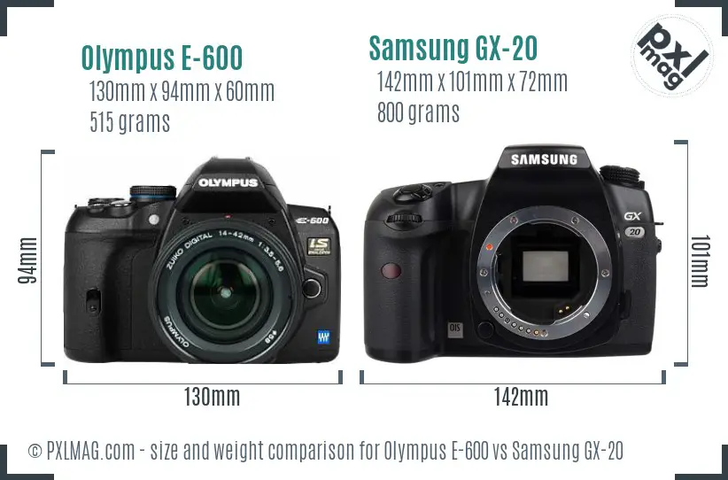 Olympus E-600 vs Samsung GX-20 size comparison Olympus E-600 vs Samsung GX-20 size comparison