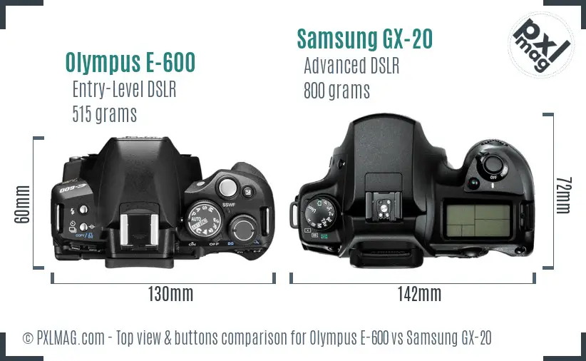 Olympus E-600 vs Samsung GX-20 top view buttons comparison Olympus E-600 vs Samsung GX-20 top view buttons comparison