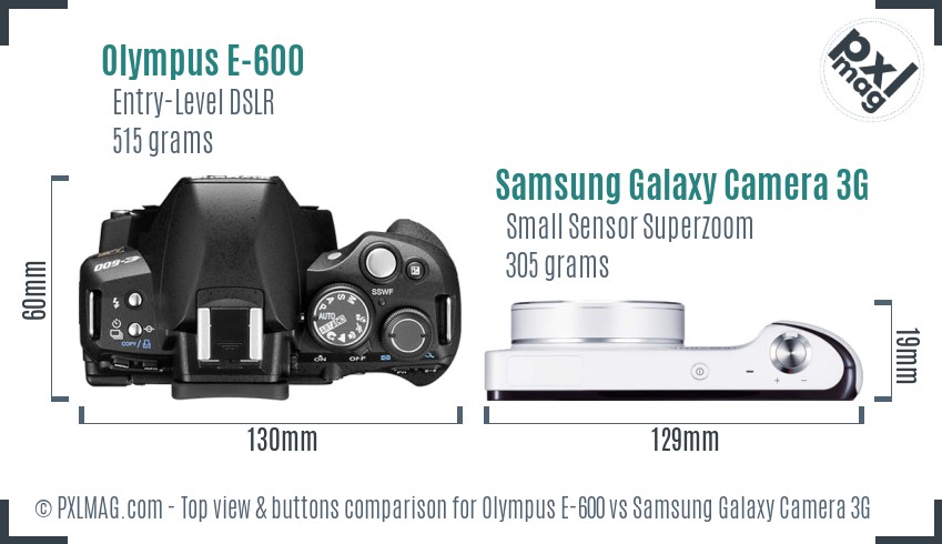 Olympus E-600 vs Samsung Galaxy Camera 3G top view buttons comparison