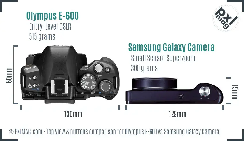 Olympus E-600 vs Samsung Galaxy Camera top view buttons comparison