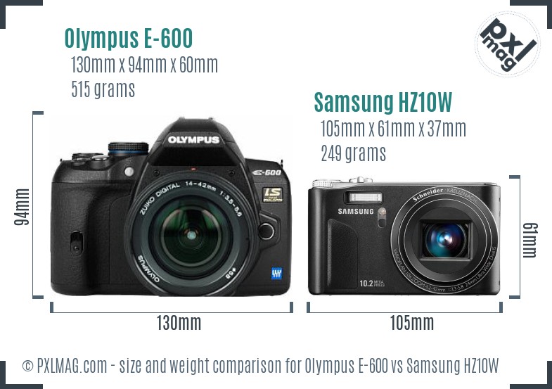 Olympus E-600 vs Samsung HZ10W size comparison