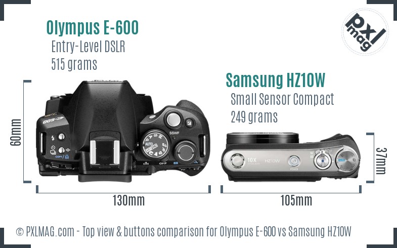Olympus E-600 vs Samsung HZ10W top view buttons comparison
