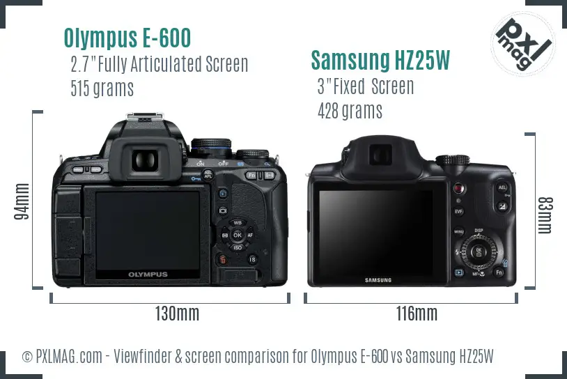 Olympus E-600 vs Samsung HZ25W Screen and Viewfinder comparison