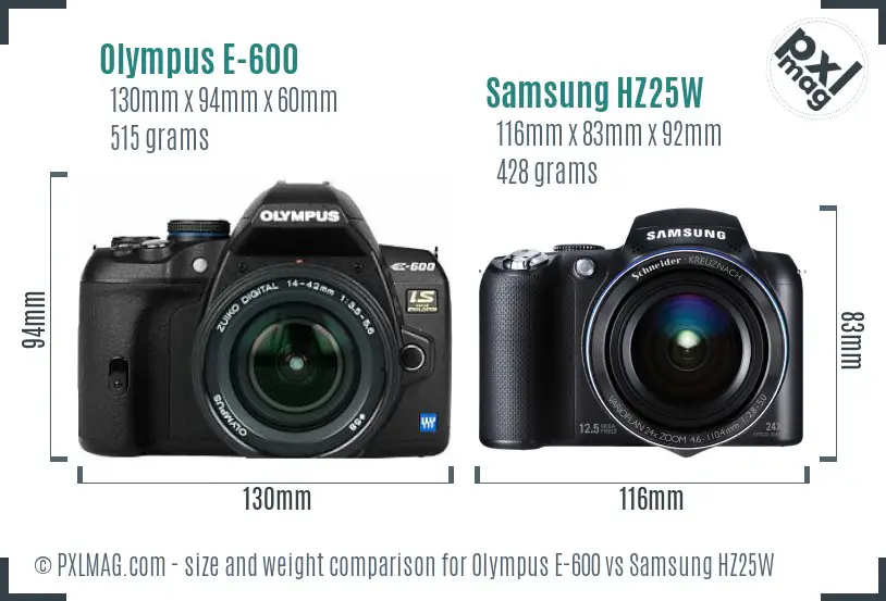 Olympus E-600 vs Samsung HZ25W size comparison