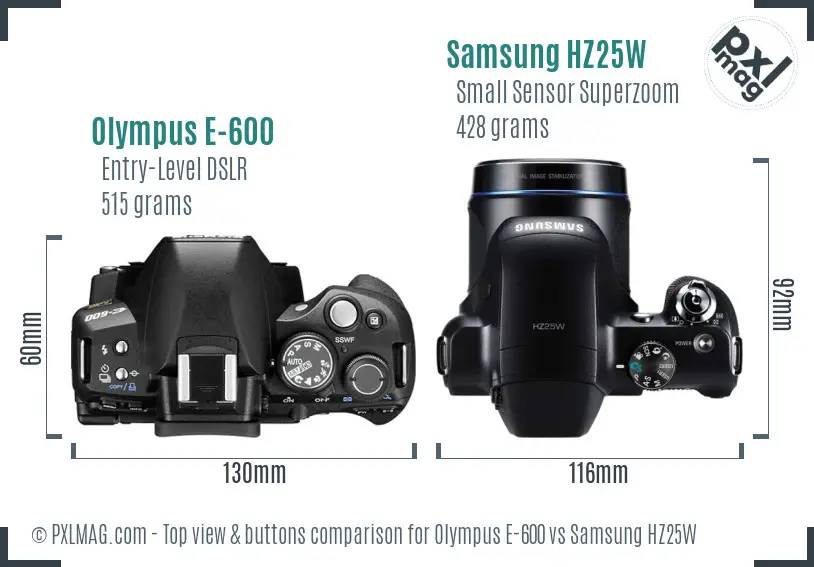 Olympus E-600 vs Samsung HZ25W top view buttons comparison