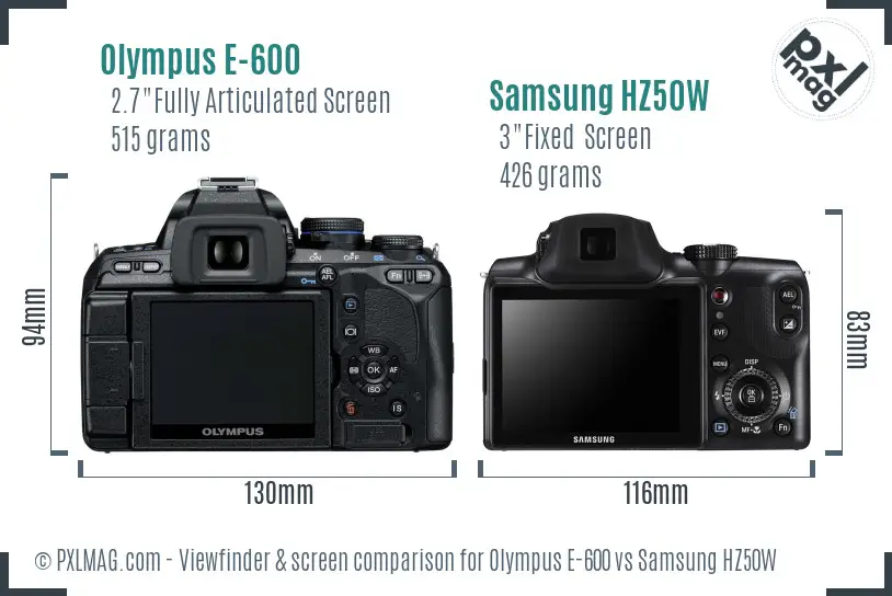 Olympus E-600 vs Samsung HZ50W Screen and Viewfinder comparison