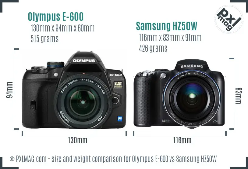 Olympus E-600 vs Samsung HZ50W size comparison