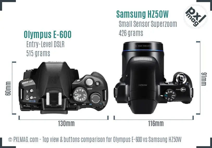 Olympus E-600 vs Samsung HZ50W top view buttons comparison