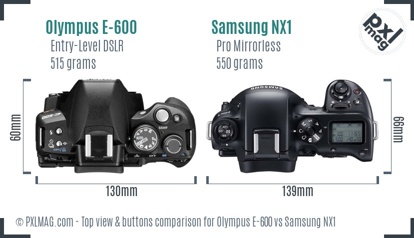 Olympus E-600 vs Samsung NX1 top view buttons comparison