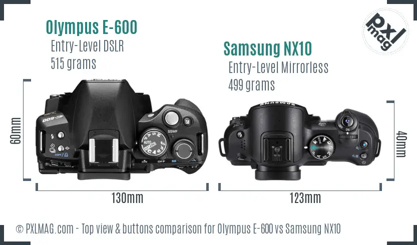 Olympus E-600 vs Samsung NX10 top view buttons comparison