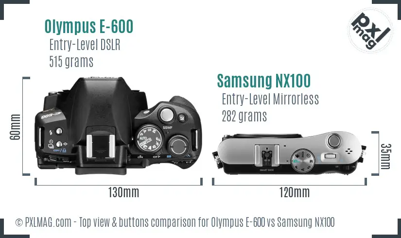 Olympus E-600 vs Samsung NX100 top view buttons comparison