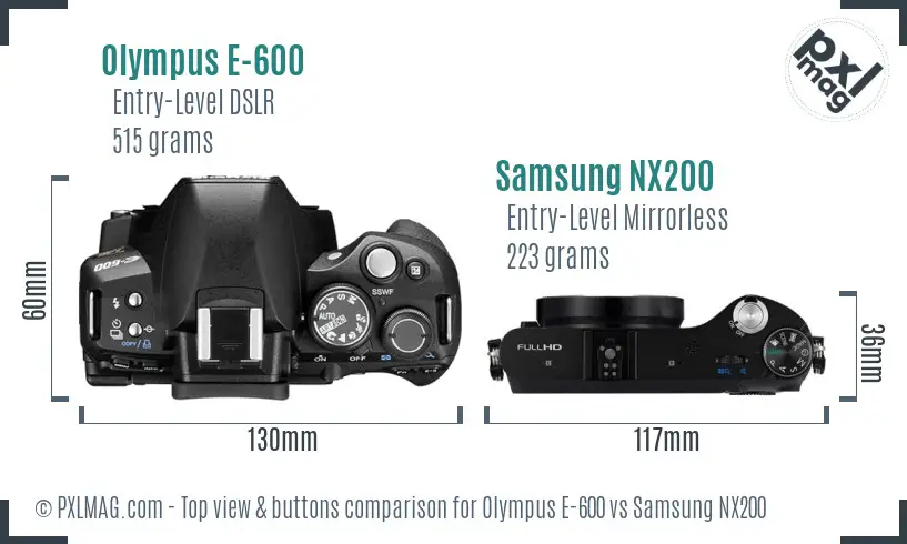 Olympus E-600 vs Samsung NX200 top view buttons comparison