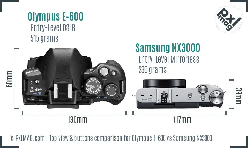 Olympus E-600 vs Samsung NX3000 top view buttons comparison