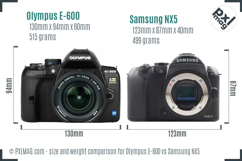 Olympus E-600 vs Samsung NX5 size comparison Olympus E-600 vs Samsung NX5 size comparison