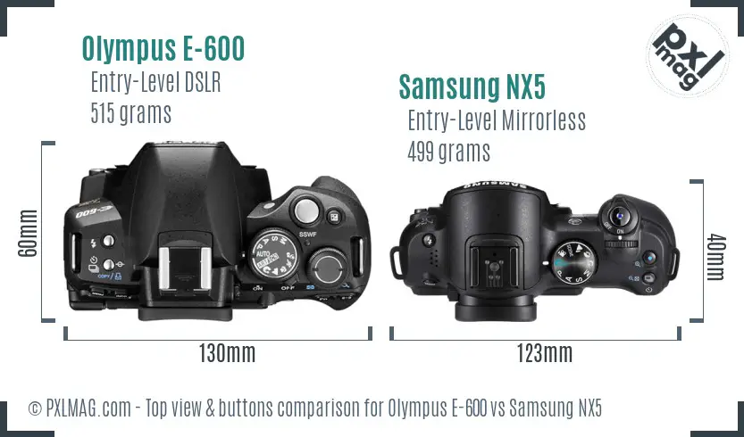 Olympus E-600 vs Samsung NX5 top view buttons comparison Olympus E-600 vs Samsung NX5 top view buttons comparison