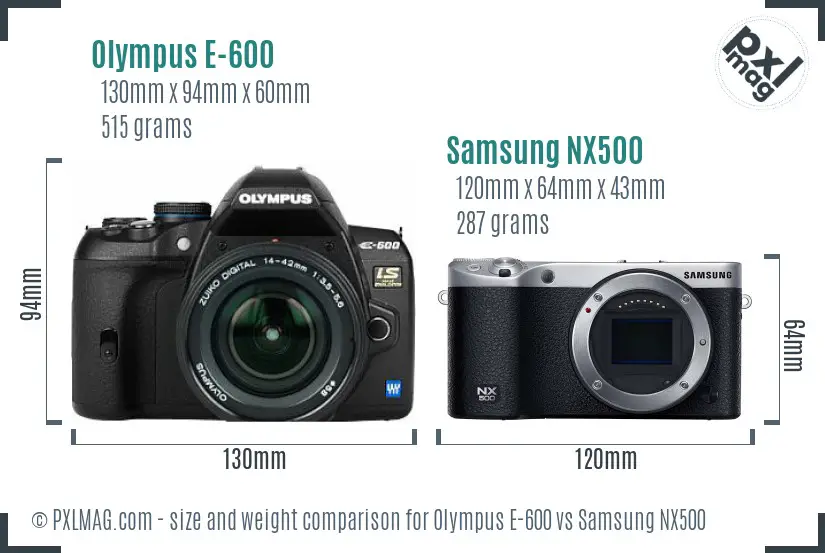 Olympus E-600 vs Samsung NX500 size comparison Olympus E-600 vs Samsung NX500 size comparison